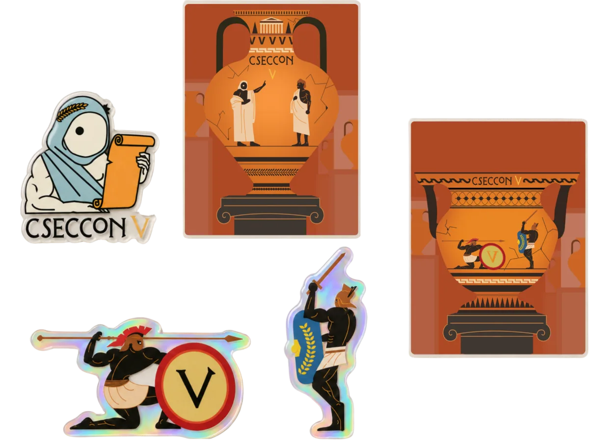 Five CSECcon V stickers: the orator with a scroll, two painted vases, and two holographic warriors