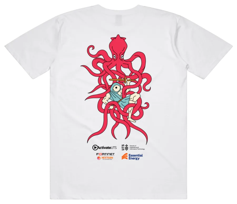 Back of the white CSECcon V t-shirt, with a red kraken wrapped around a figure above the sponsor logos