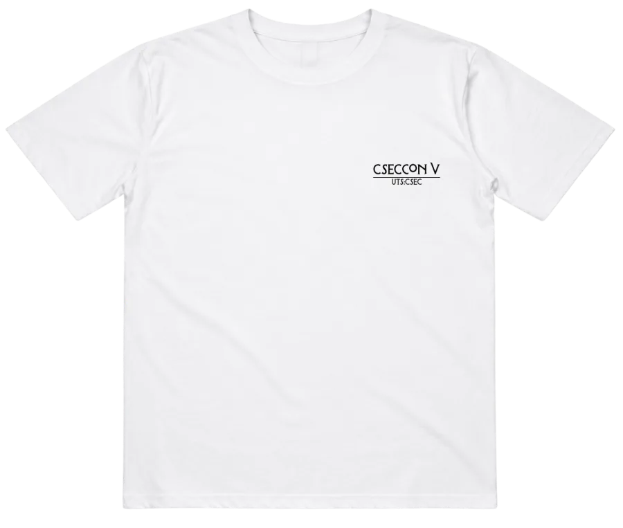 Front of the white CSECcon V t-shirt, with the CSECcon V wordmark on the left chest